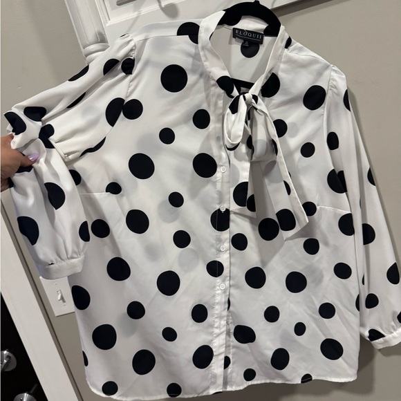 ELOQUII Size 22 Black and White Polka Dot Tie Neck Blouse - Picture 7 of 9